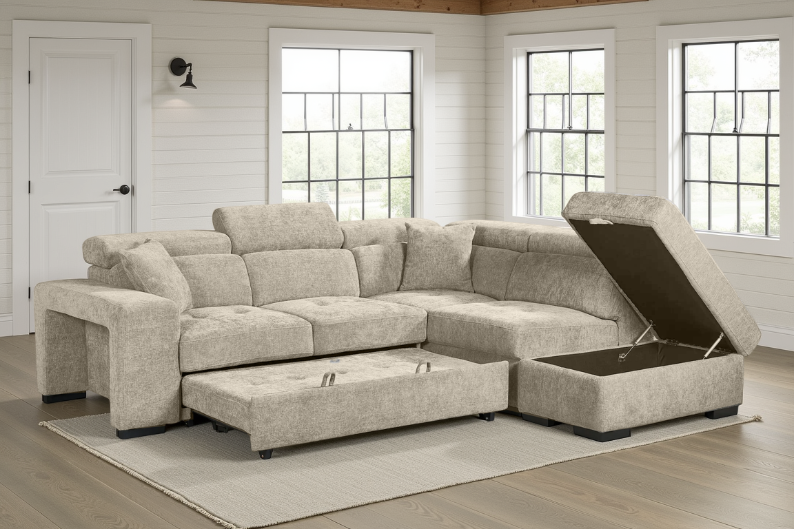 Amelia Beige Chenille Fabric 2C1 Corner Sofa Bed with Storage and Ottomans