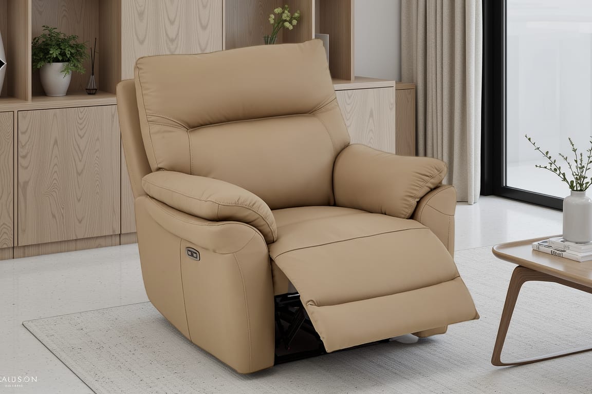 Cinecitta 1 Seater Electric Recliner Chair - Beige Leather - Image 1