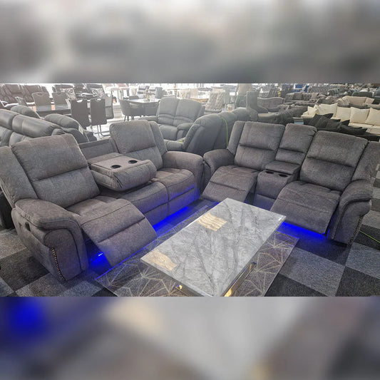 Berlin Fabric Electric Recliner Sofa 3+2 Seater USB Ports Led Lights Cup Holders Grey