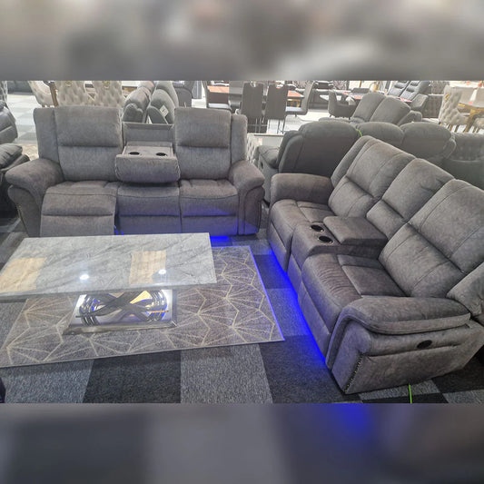 Berlin Fabric Electric Recliner Sofa 3+2 Seater USB Ports Led Lights Cup Holders Grey