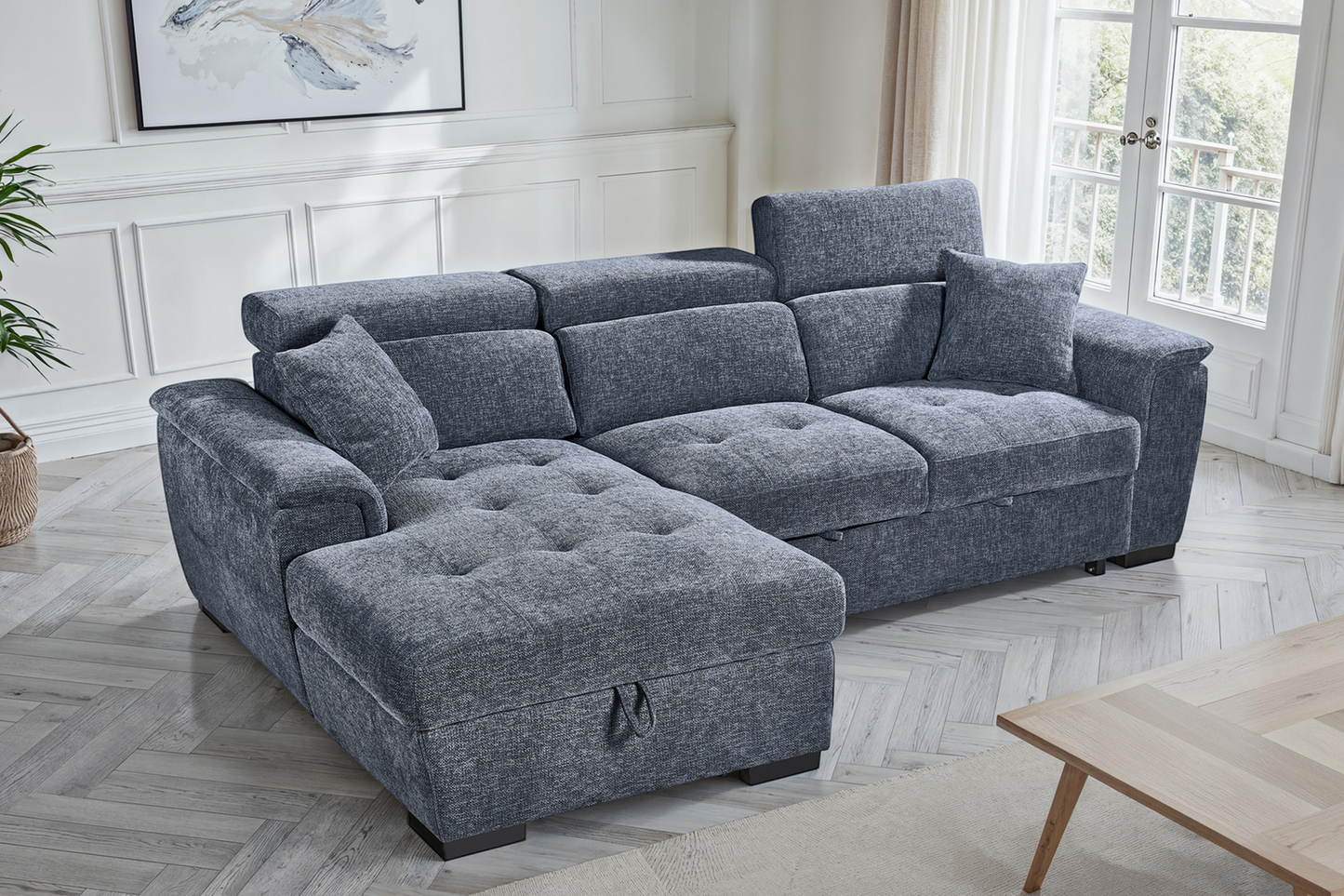 Pale Blue Chenille Fabric Corner Sofabed with Storage