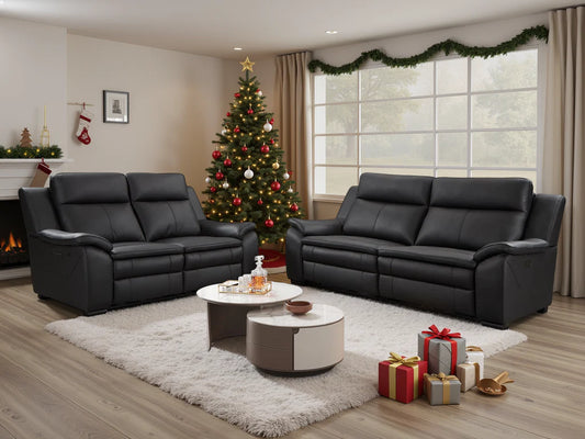 Boston Genuine Leather Electric Recliner 3+2 Seater Sofa - Black