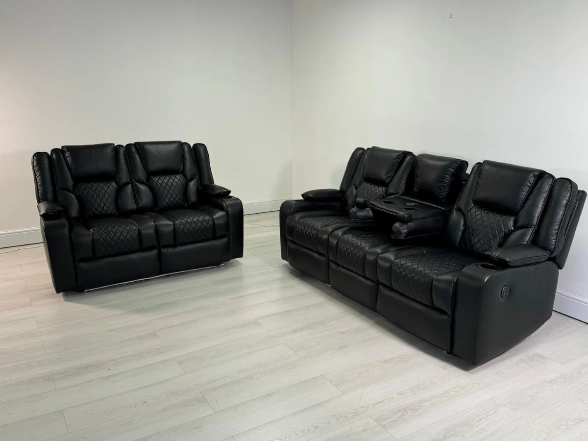 Orlando Electric Recliners 3+2 Seater Leather Sofa Black - Led Lights - Wireless Charger