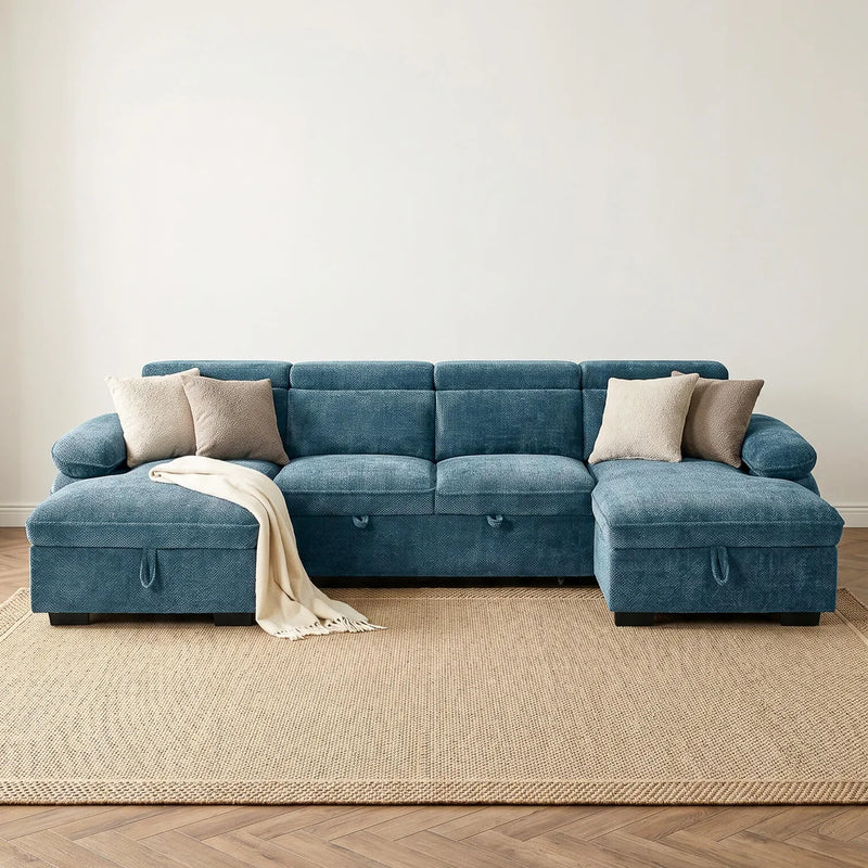 Hudson U Shape Storage Sofa Bed - Blue