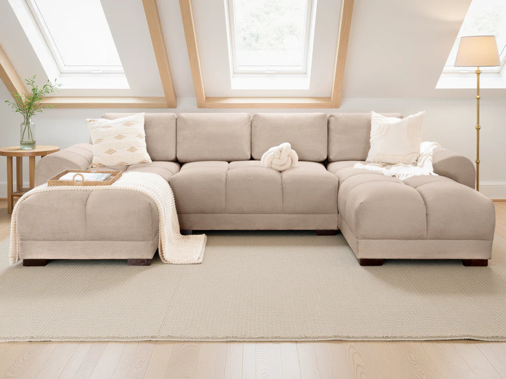 Azzuro Mocha U Shape Corner Sofa - Full Back Plush Velvet - 330cm Large Sectional