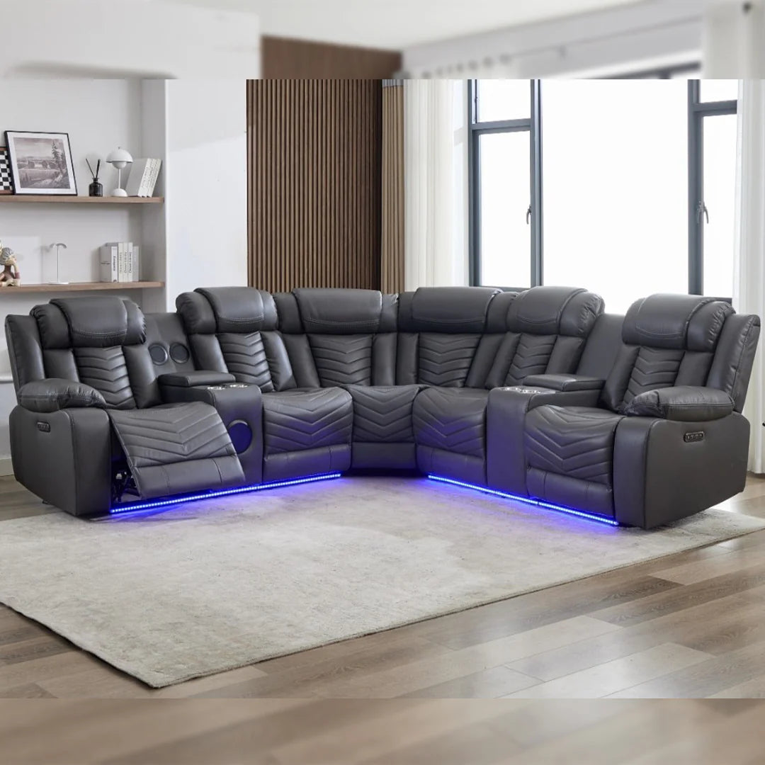 Zeus Leather Electric Recliner Corner Sofa - Grey