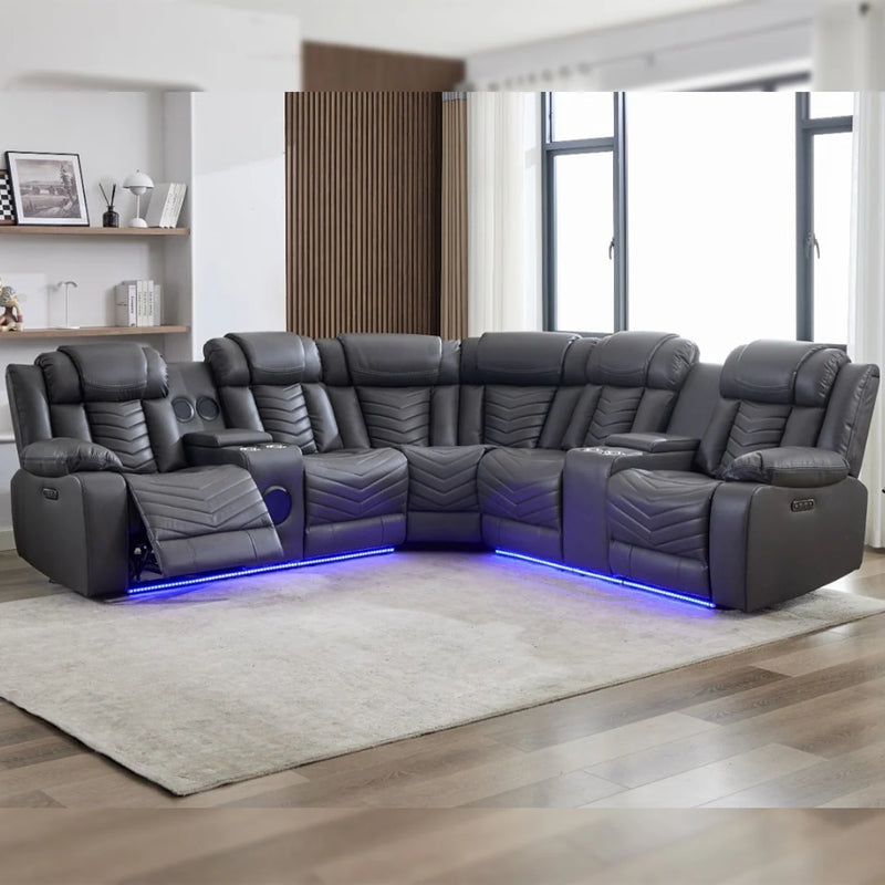 Zeus Leather Electric Recliner Corner Sofa - Grey
