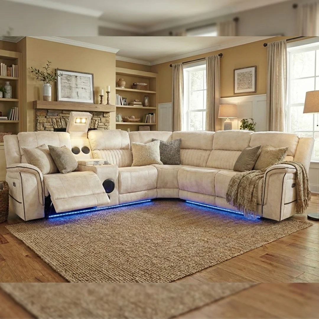 Geneva Pro Fabric Electric Recliner Corner Sofa With Cooling Cup Holders - Beige