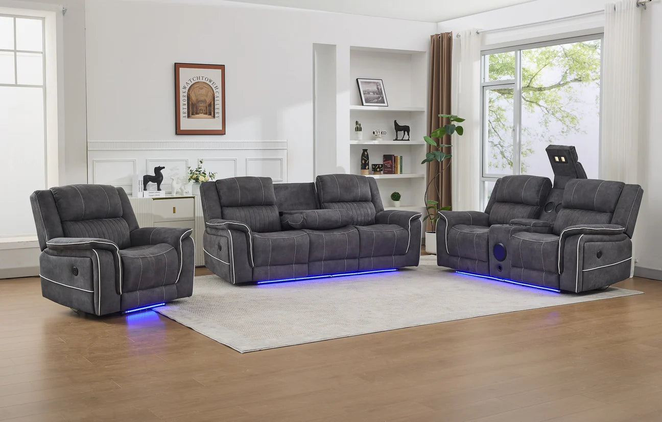 Geneva Pro Fabric Electric Recliner Sofas - Grey With Bluetooth/Cooling Cup-Holders/LED Lights (Copy)