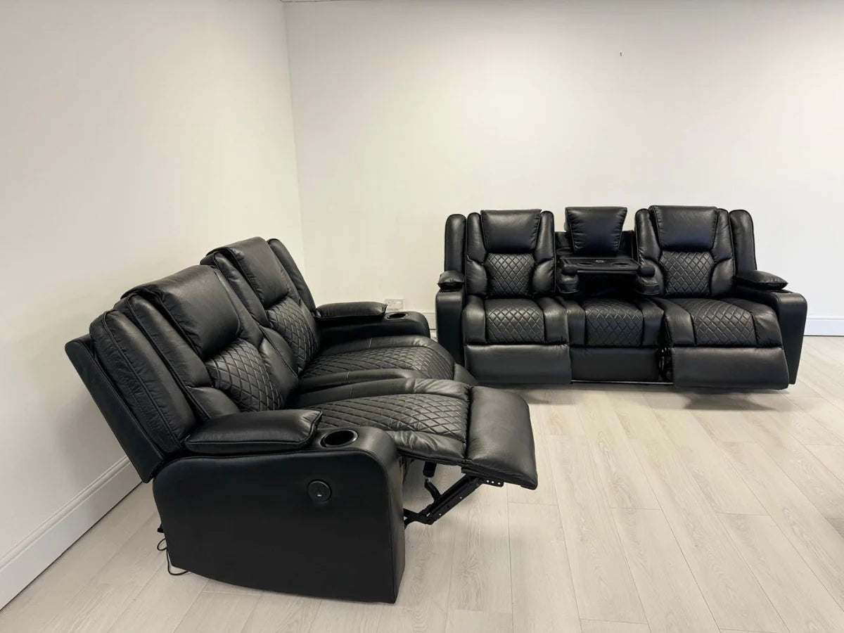 Orlando Electric Recliners 3+2 Seater Leather Sofa Black - Led Lights - Wireless Charger