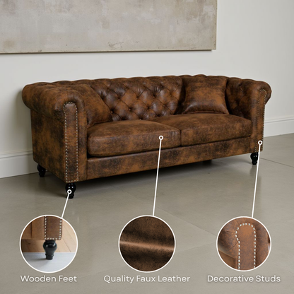 Camden 3+2 Seater Chesterfield Sofa Set With Wooden Feet - Brown Suede Leather - Image 12