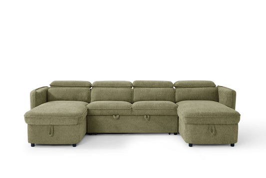 Capri U Shape Sofa Bed With Storage – Olive Green – Pull Out Sleeper