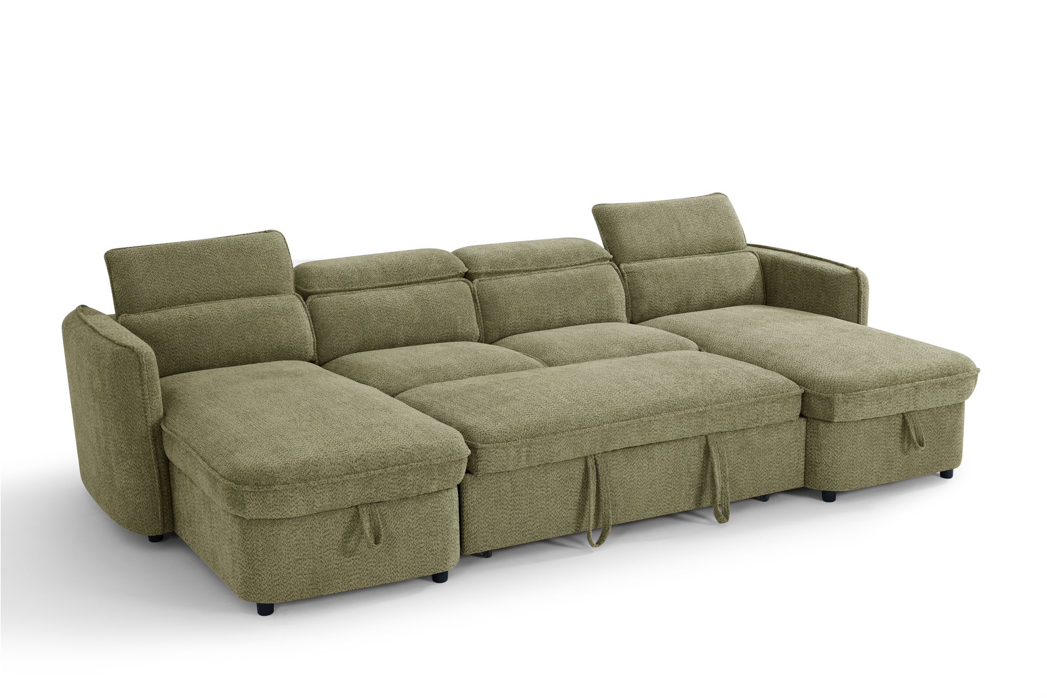 Capri U Shape Sofa Bed With Storage - Olive Green - Pull Out Sleeper