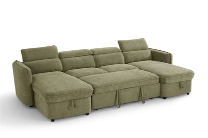 Capri U Shape Sofa Bed With Storage - Olive Green - Pull Out Sleeper