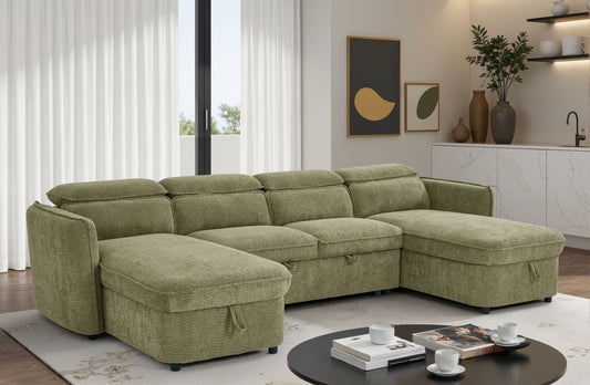 Capri U Shape Sofa Bed With Storage – Olive Green – Pull Out Sleeper