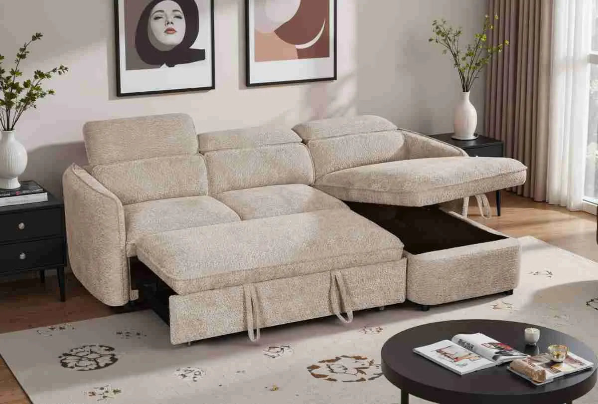 Capri Corner Sofa Bed With Storage - Beige - Universal Chaise - Pull Out Bed