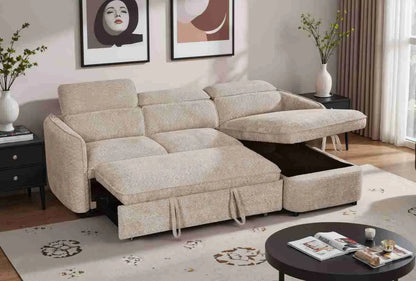 Capri Corner Sofa Bed With Storage - Beige - Universal Chaise - Pull Out Bed