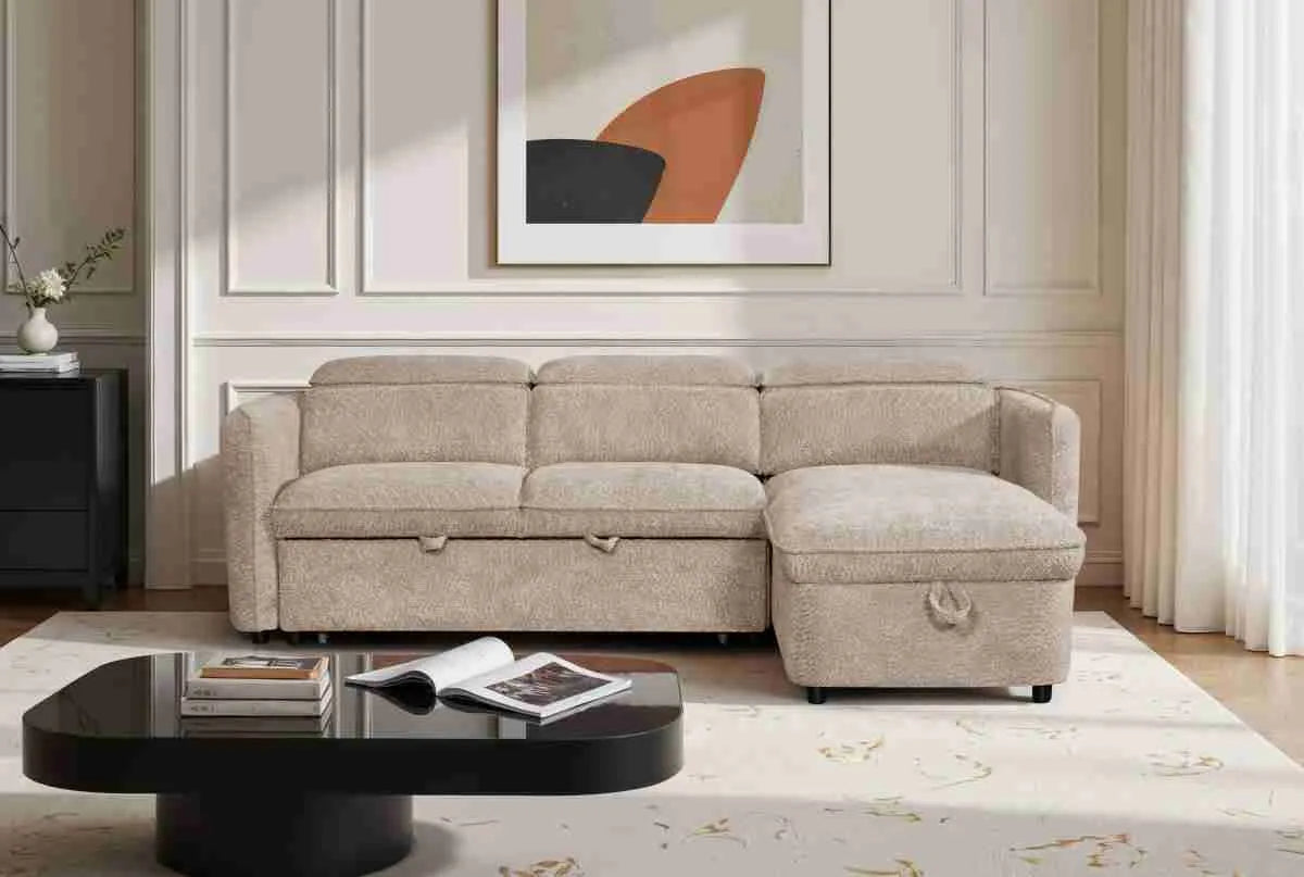 Capri Corner Sofa Bed With Storage - Beige - Universal Chaise - Pull Out Bed