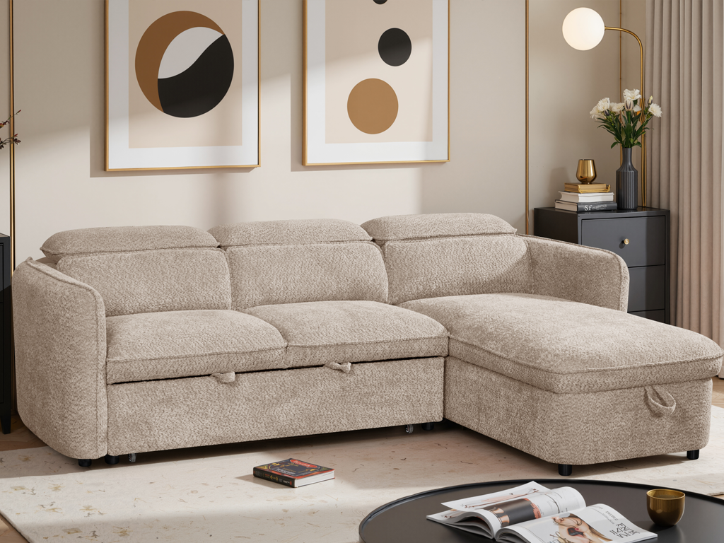 Capri Corner Sofa Bed With Storage - Beige - Universal Chaise - Pull Out Bed