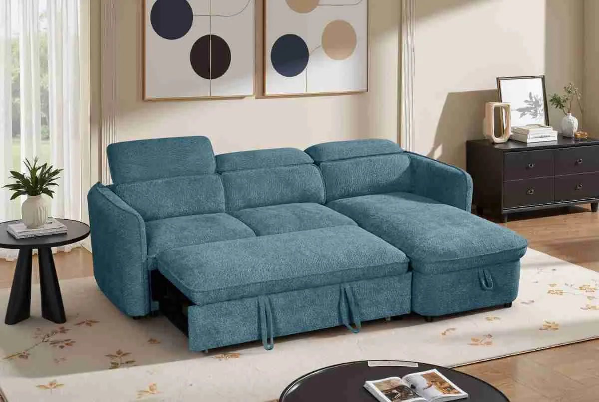 Capri Corner Sofa Bed With Storage - Blue - Universal Chaise - Pull Out Bed