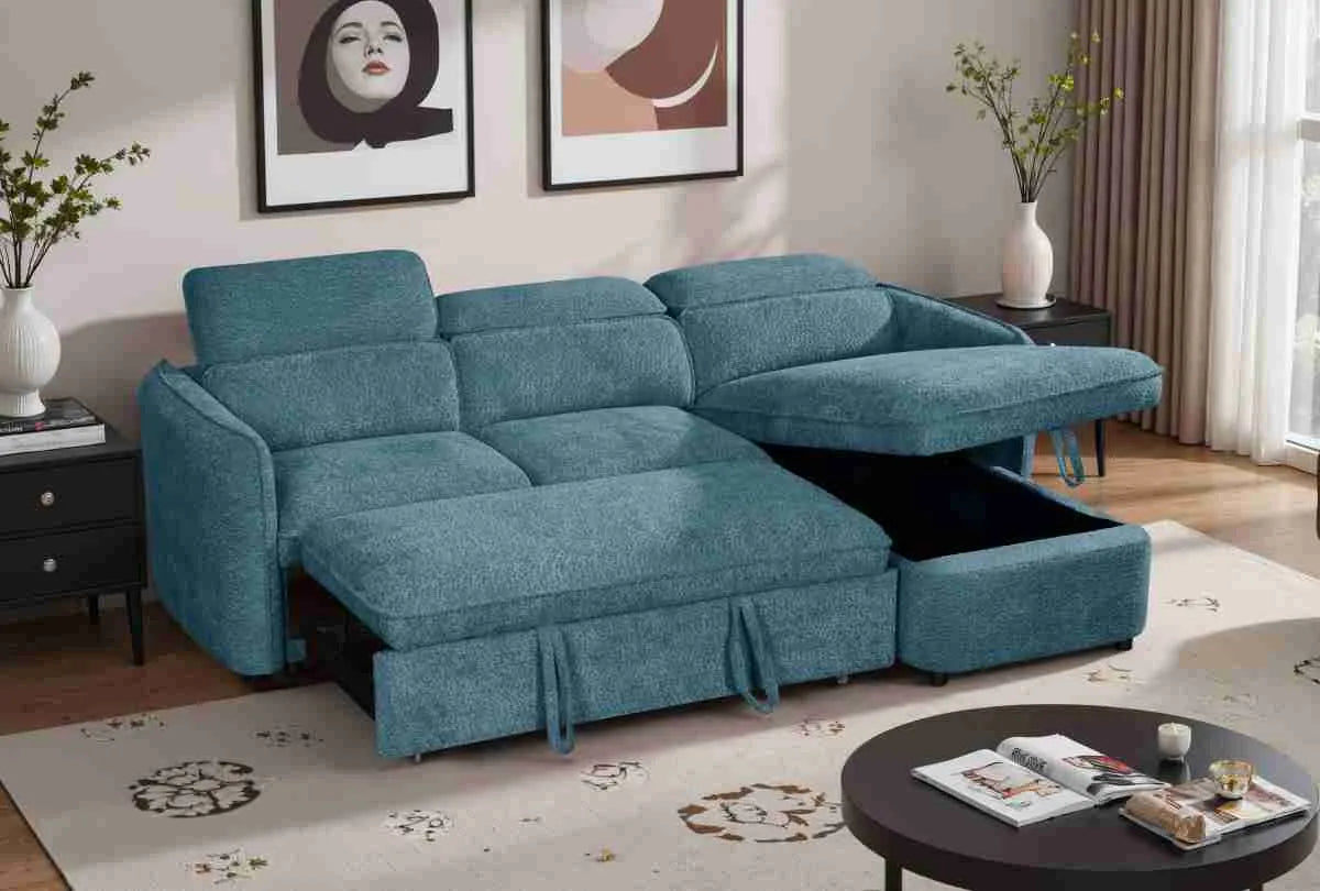 Capri Corner Sofa Bed With Storage - Blue - Universal Chaise - Pull Out Bed