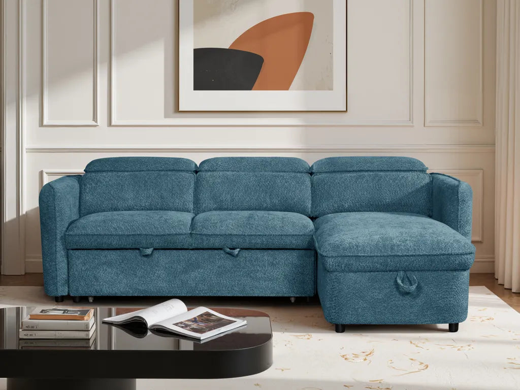 Capri Corner Sofa Bed With Storage - Blue - Universal Chaise - Pull Out Bed