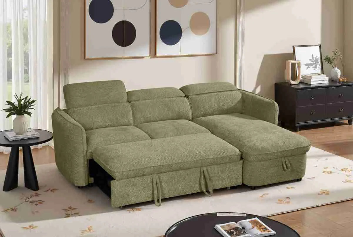 Capri Corner Sofa Bed With Storage - Olive Green - Universal Chaise - Pull Out Bed