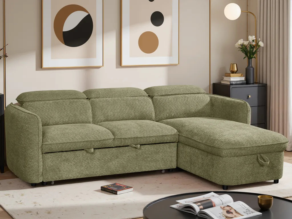 Capri Corner Sofa Bed With Storage - Olive Green - Universal Chaise - Pull Out Bed