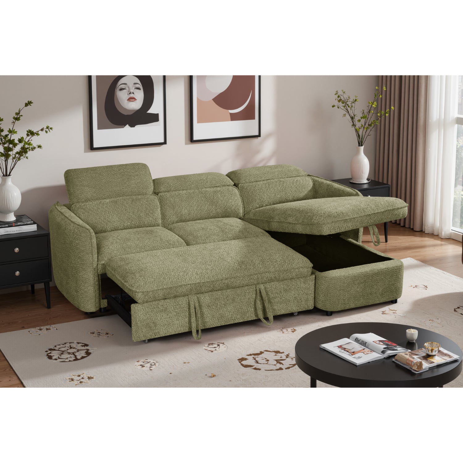 Capri Corner Sofa Bed With Storage - Olive Green - Universal Chaise - Pull Out Bed