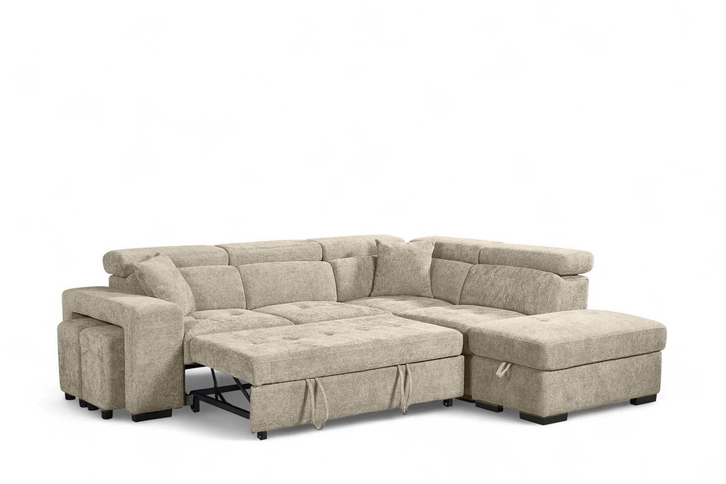Amelia Beige Chenille Fabric 2C1 Corner Sofa Bed with Storage and Ottomans