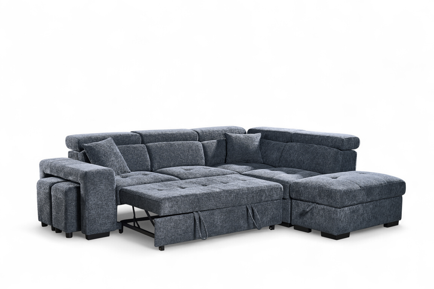 Amelia Blue Chenille Fabric 2C1 Corner Sofa Bed with Storage and Ottomans