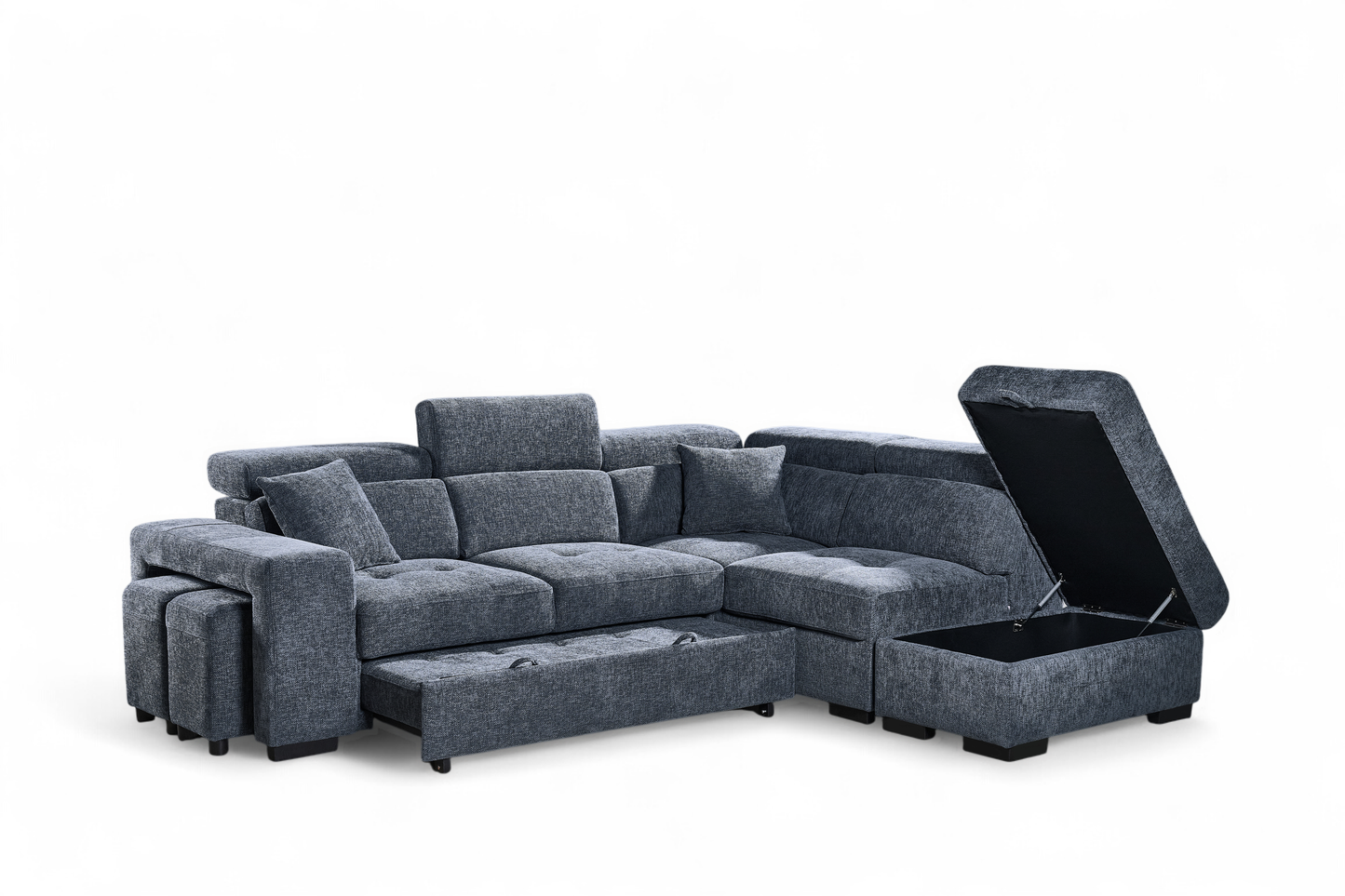 Amelia Blue Chenille Fabric 2C1 Corner Sofa Bed with Storage and Ottomans