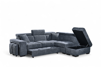 Amelia Blue Chenille Fabric 2C1 Corner Sofa Bed with Storage and Ottomans
