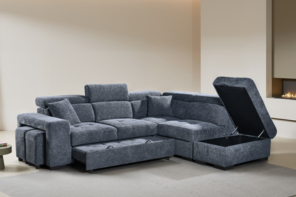 Amelia Blue Chenille Fabric 2C1 Corner Sofa Bed with Storage and Ottomans