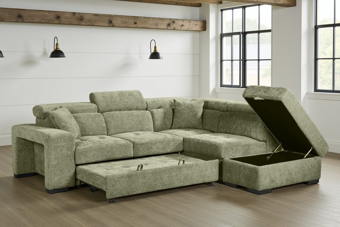 Amelia Green Chenille Fabric 2C1 Corner Sofa Bed with Storage and Ottomans