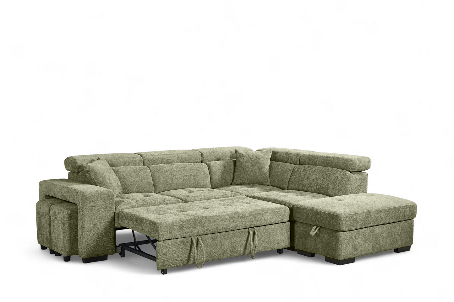 Amelia Green Chenille Fabric 2C1 Corner Sofa Bed with Storage and Ottomans