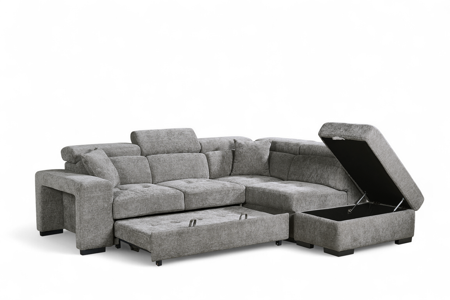 Amelia Grey Chenille Fabric 2C1 Corner Sofa Bed with Storage and Ottomans