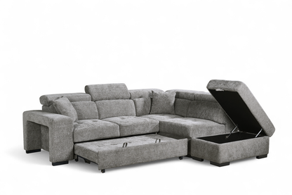 Amelia Grey Chenille Fabric 2C1 Corner Sofa Bed with Storage and Ottomans