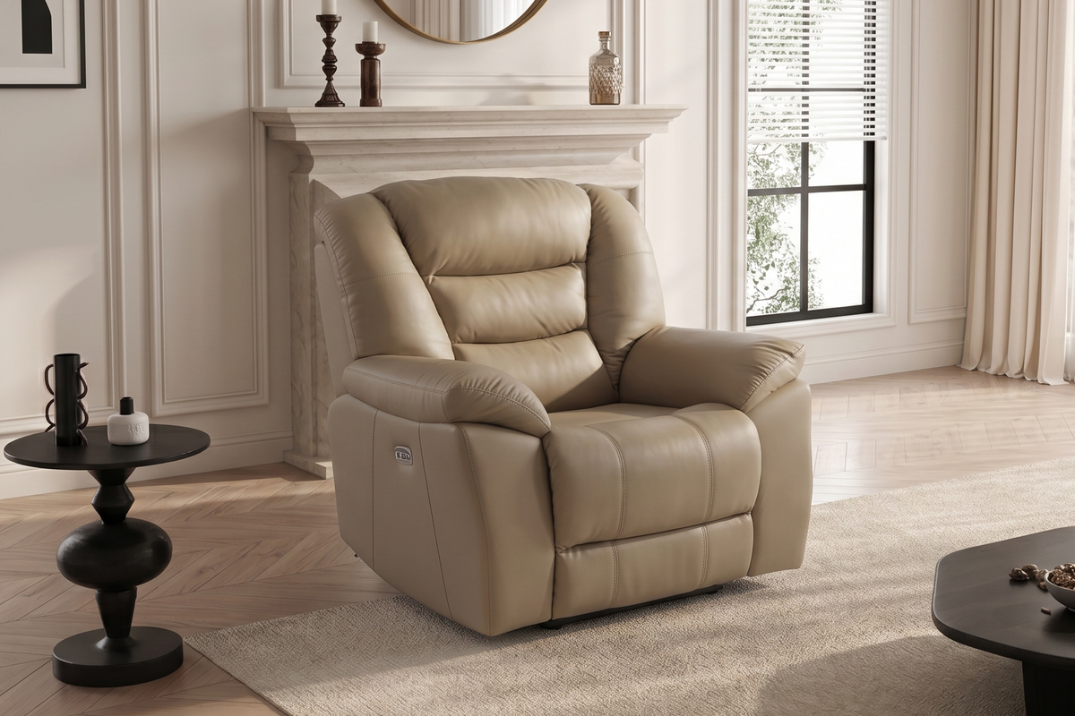 Giovanni 1 Seater Electric Recliner Chair - Beige Leather - Image 1