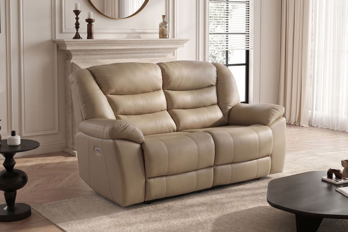 Giovanni 2 Seater Electric Recliner Sofa - Beige Leather - Image 1