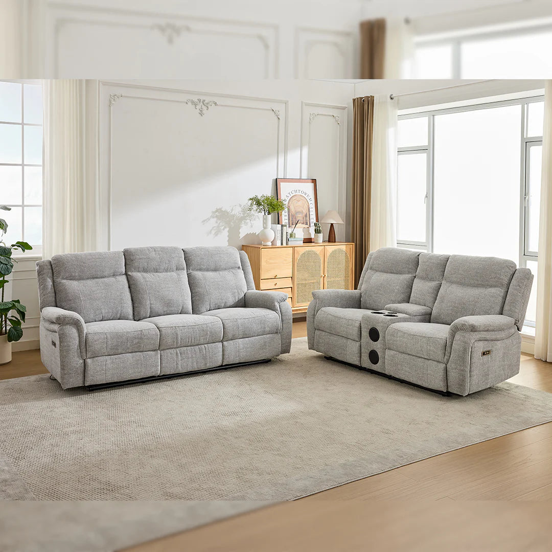 Siyara Fabric Electric Recliners Sofa - Grey With Cupholders-Cooling Cup-Holders/Bluetooth Speakers/Wireless Charging/USB Charging Ports/Storage
