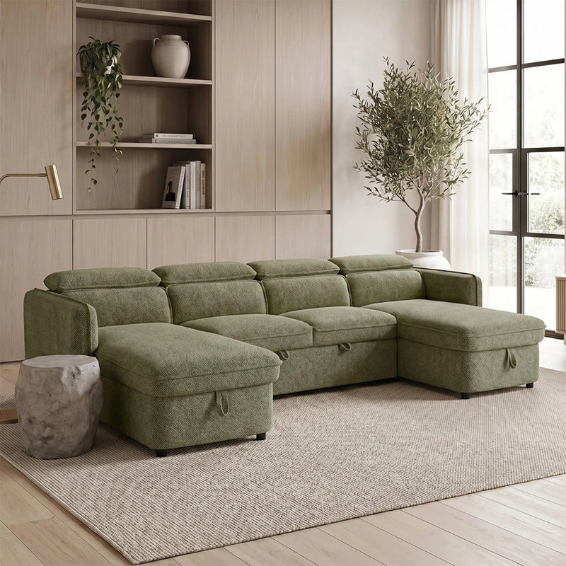 Capri U Shape Sofa Bed With Storage - Olive Green