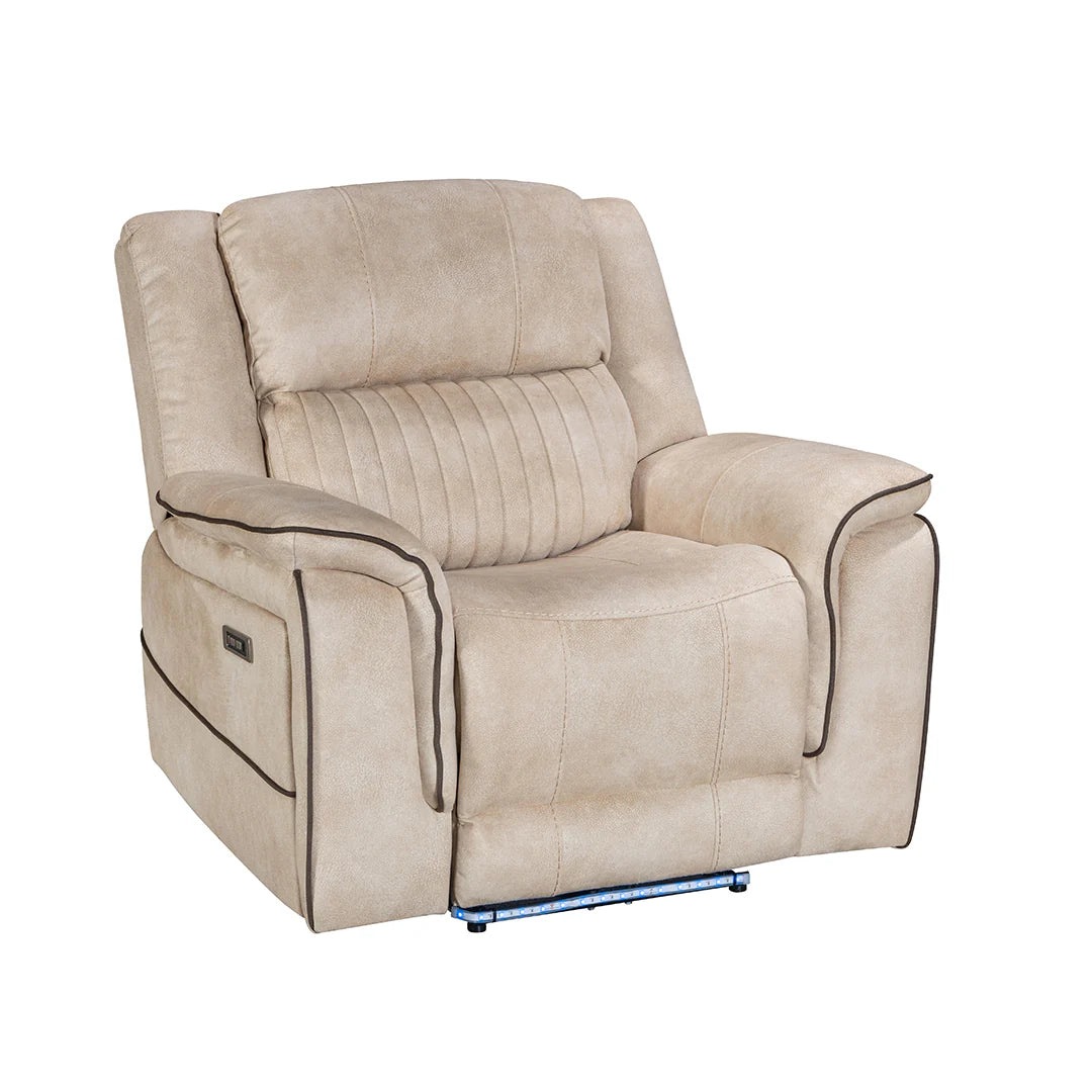 Geneva Pro Fabric Electric Recliner Sofas - Beige With Bluetooth/Cooling Cup-Holders/LED Lights