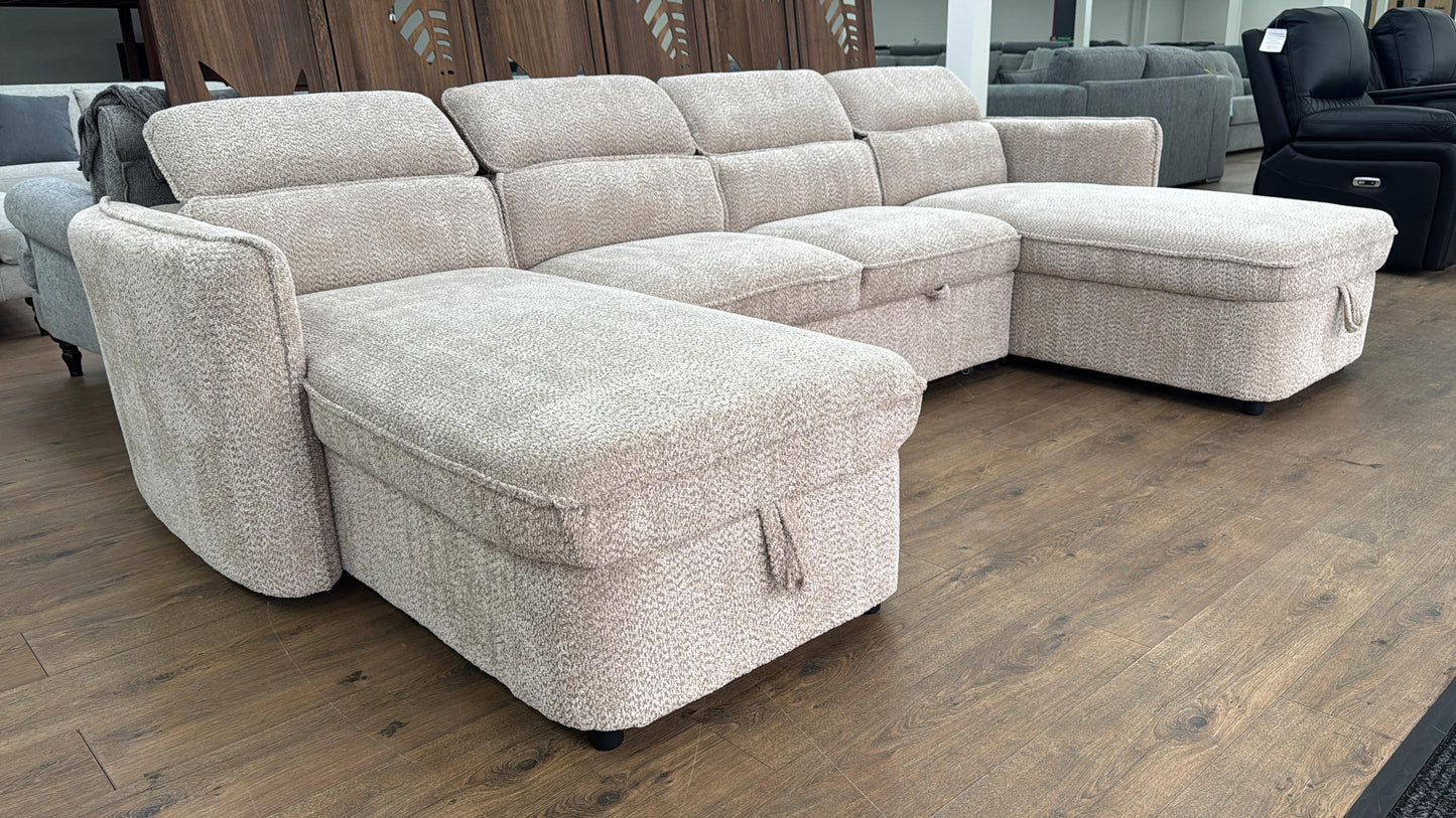 Capri U Shape Sofa Bed With Storage - Beige - Pull Out Sleeper