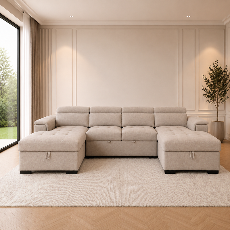 Alaya Storage U Shape Sofabed - Beige