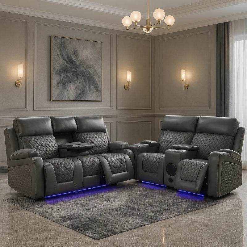 Florida 3+2 Music Electric Recliners Aire Leather Sofa - Grey