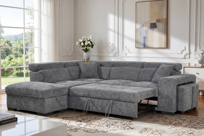 Amelia Dark Grey Chenille Fabric Corner Sofa Bed with Storage and Ottomans