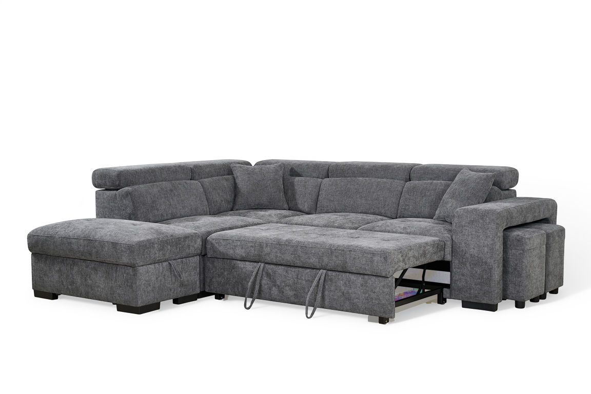 Amelia Dark Grey Chenille Fabric Corner Sofa Bed with Storage and Ottomans