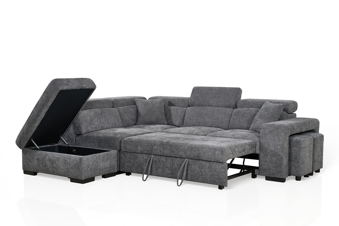 Amelia Dark Grey Chenille Fabric Corner Sofa Bed with Storage and Ottomans