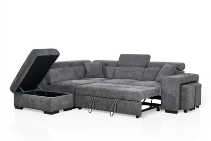 Amelia Dark Grey Chenille Fabric Corner Sofa Bed with Storage and Ottomans